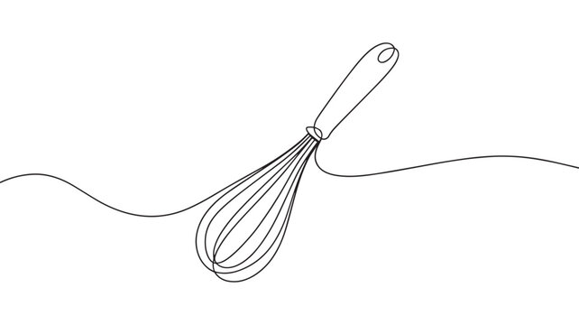 Continuous line drawing of a kitchen whisk, minimalist wire egg beater vector illustration, simple black outline of cooking utensil on white background
