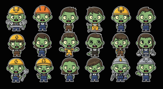 Cute Zombie Workers Cartoon Characters Set