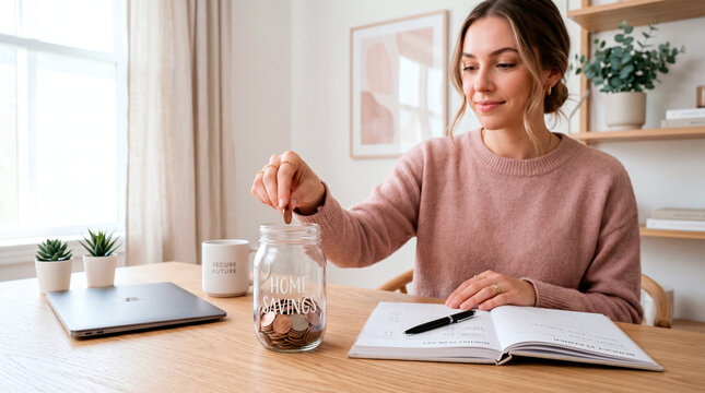 Young woman putting coins into a glass jar labeled "Home Savings" while planning finances