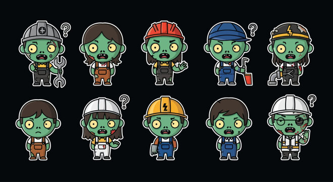 Cute Zombie Workers Cartoon Characters Set