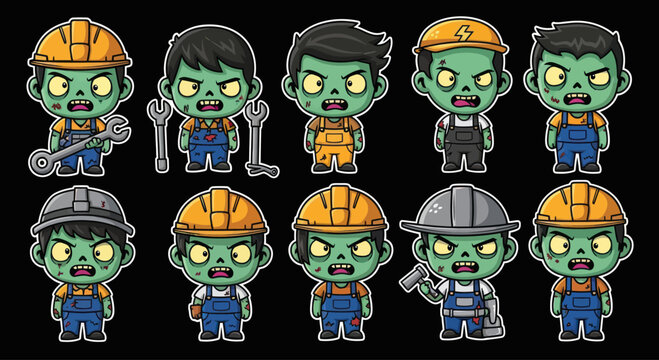 Cute Zombie Workers Cartoon Characters Set