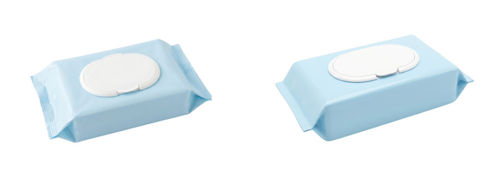 Two packs of wet wipes with plastic lids isolated on transparent background