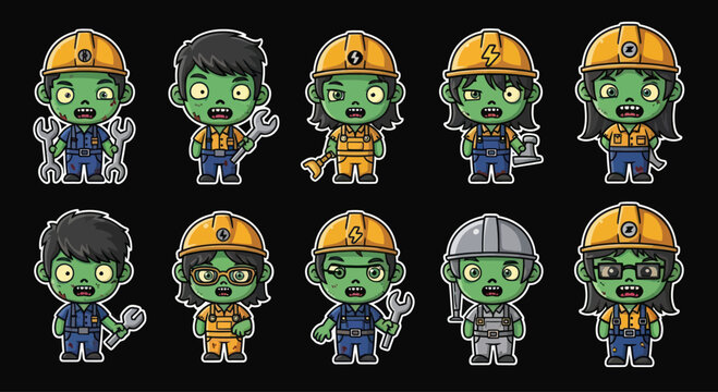 Cute Zombie Workers Cartoon Characters with Tools and Helmets