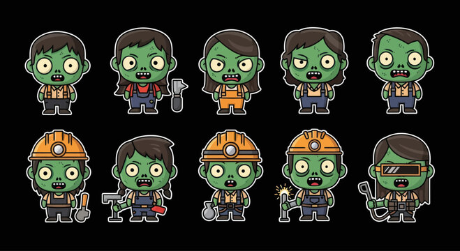 Cute Zombie Workers Cartoon Collection - Diverse Professions