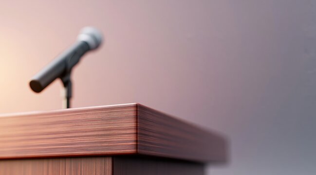 Wooden lectern with blurred microphone for public speech