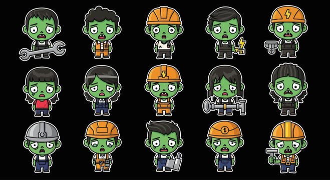 Cute Zombie Workers Cartoon Collection, Diverse Professions with Tools and Uniforms