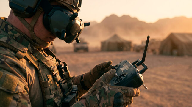 Soldier in desert fatigues operates a drone controller with goggles on during sunset