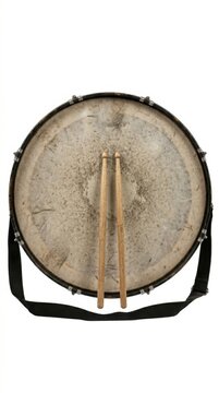 Top view of a vintage marching snare drum with wooden drumsticks resting on the drumhead isolated on white background