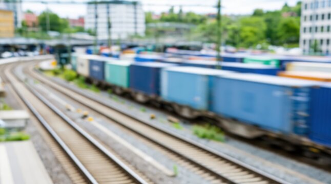 Blurred cargo train with colorful shipping containers on railway tracks