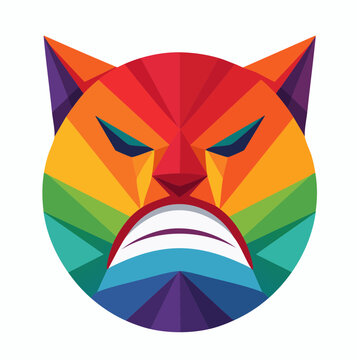 Abstract Geometric Cat Face with Rainbow Colors and Angry Expression