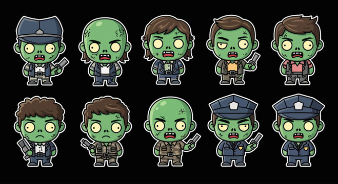 Cute Zombie Characters Set, Pixel Art Style, Horror Game Icons