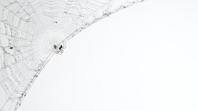 Spider patiently waiting on its intricate web against a bright white background
