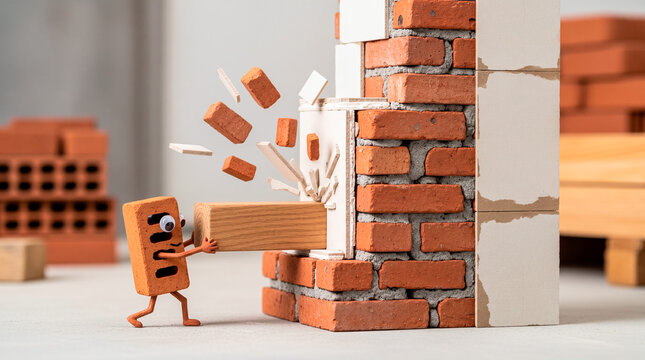 Clay brick character building a wall with wooden block and falling bricks