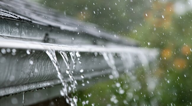 Water overflowing from metal rain gutter during heavy storm