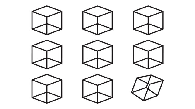 Isometric wireframe cube icons set, minimalist 3D geometric box outlines, 9 linear transparent square vector elements for technical design