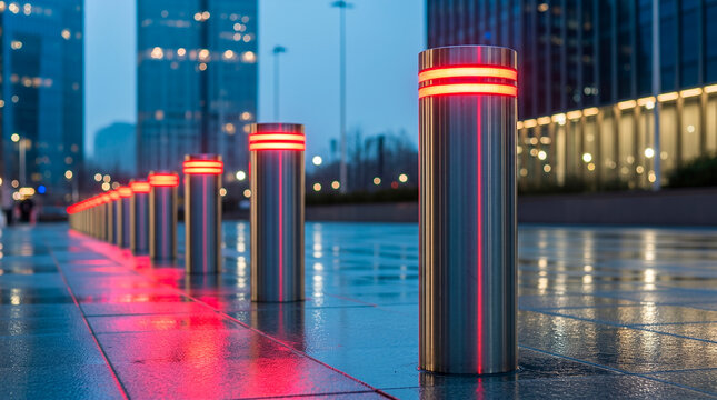 Modern urban bollards with red LED lights illuminate a wet city plaza at dusk