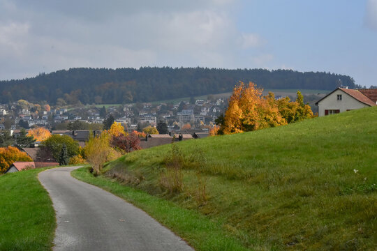 Road on a Hill and Panorama of the City of Winterthur, Switzerland

