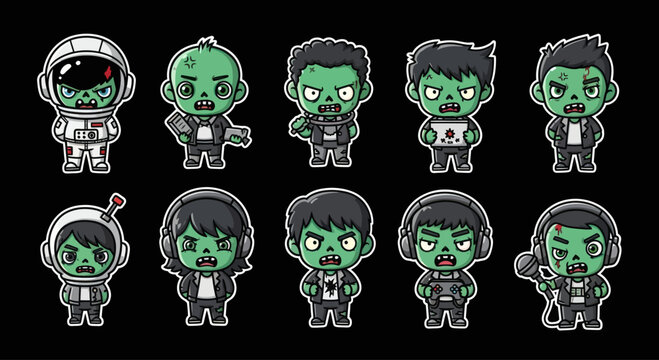 Cute Zombie Characters Set: Astronaut, Rocker, Gamer, Musician, and More