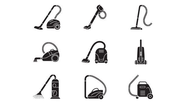 Vacuum cleaner icon set, black silhouette household appliance collection, 9 cleaning equipment vector elements for domestic housework and hygiene