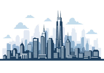 Fototapeta premium Modern city skyline with skyscrapers and clouds in shades of blue on white background
