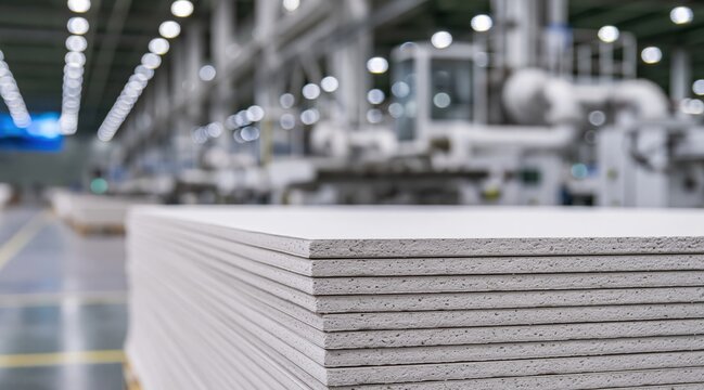 Stacked plasterboard panels in factory production line