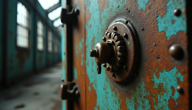 Close up of old rusty safe door with peeling turquoise paint and metal lock mechanism in abandoned industrial hall. Aged texture shows decay and neglect, suggesting forgotten wealth or history.