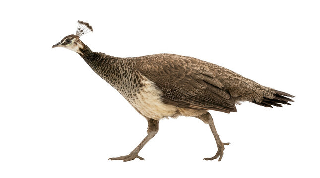 Fulllength side profile of a female peacock walking, isolated on transparent background