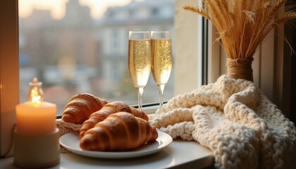 Fototapeta premium Two champagne glasses, croissants on plate, candle lit beside wheat bundle on windowsill. Cozy indoor still life scene, warm light, soft blanket.