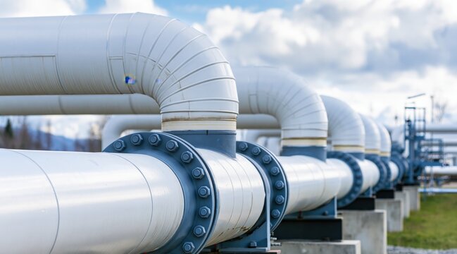Industrial white metal pipelines with blue flanges and heavy bolts