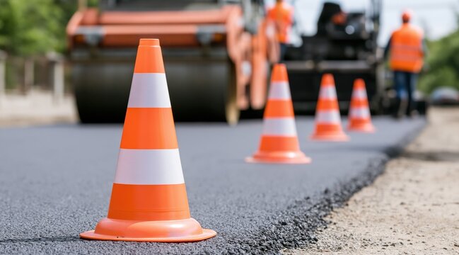Orange traffic cone on freshly paved asphalt at road construction site