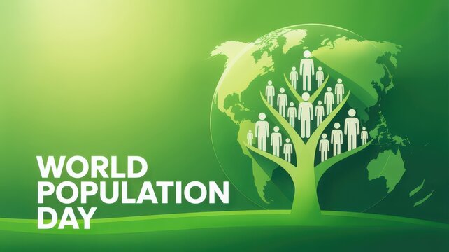 Graphic design concept for world population day with stylized tree and people.