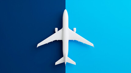 Naklejka premium Minimalist white airplane model centered on a split blue background