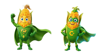 Naklejka premium Two 3d superhero corn characters in green capes isolated on transparent background