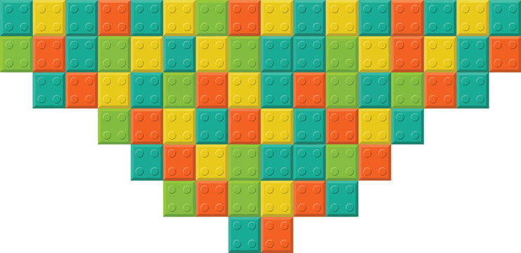 Colorful plastic building blocks arranged in inverted triangle, vibrant toy brick mosaic vector, geometric construction blocks for kids education