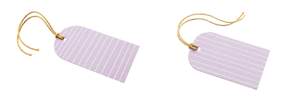Two purple striped paper gift tags with yellow string isolated on transparent background