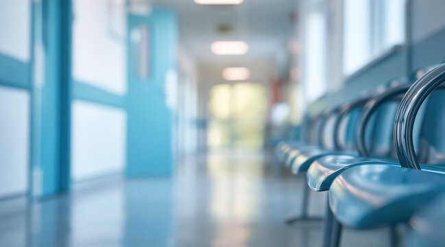 Row of blue plastic chairs in blurred empty hospital waiting room hallway