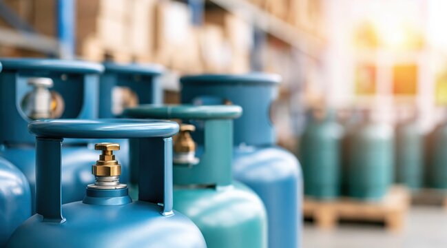 Row of blue gas cylinders with brass valves in industrial warehouse