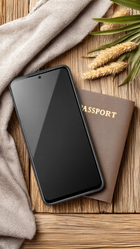 Smartphone with blank screen beside passport on weathered wood, linen cloth and dried foliage suggesting online travel booking, vacation planning and international journeys