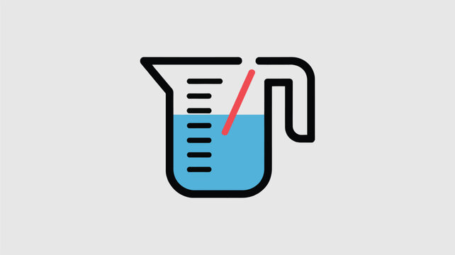 Measuring cup icon with blue liquid, kitchen measuring jug vector illustration, baking and cooking measurement tool, flat line art laboratory beaker