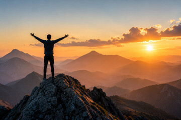 Fototapeta premium silhouette of a man on the top of mountain