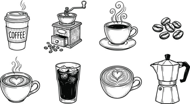 Vintage coffee beverage illustration collection featuring espresso grinder latte beans moka pot and aromatic cafe drinks