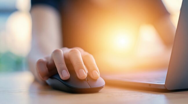 Close up of person hand using wireless mouse on wooden desk with laptop in warm light