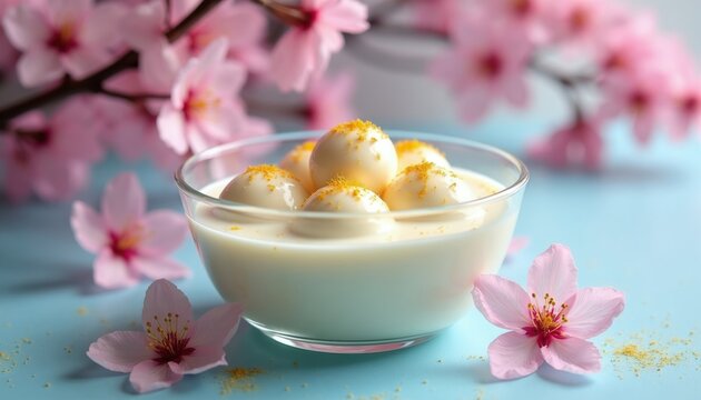 Ras malai dessert in bowl. Sweet cheese balls soaked in creamy milk with saffron sprinkles. Pink flowers and petals scattered around. Light blue background.