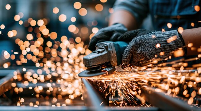 Professional worker grinding metal with angle grinder and sparks