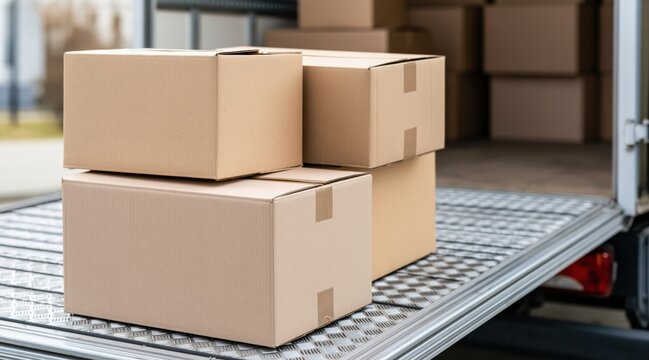 Cardboard boxes on metal ramp of delivery truck