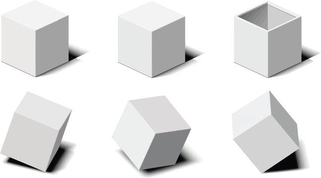 Isometric white cube set with 6 vector icons, 3D geometric square blocks in various angles, minimalist blank cardboard box mockups for packaging design