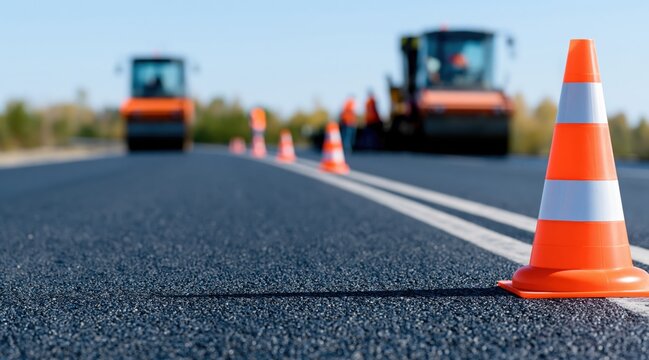 Close up of orange traffic cone on fresh asphalt road with construction equipment in background