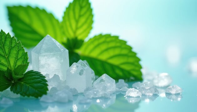 Pure white menthol crystals alongside fresh green mint leaves represent potent cooling freshness, invigorating relief. Crystalline structures show texture, clarity. Natural mint herb with aromatic