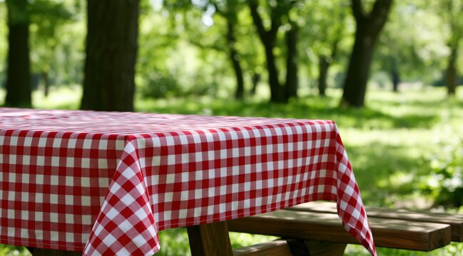 Red and white checkered tablecloth on wooden picnic table in park