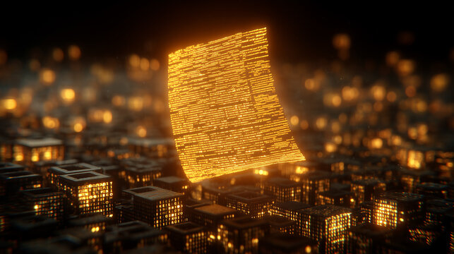 A floating digital document above a data city, representing information processing, secure records, cloud storage, business automation, and digital transformation.
